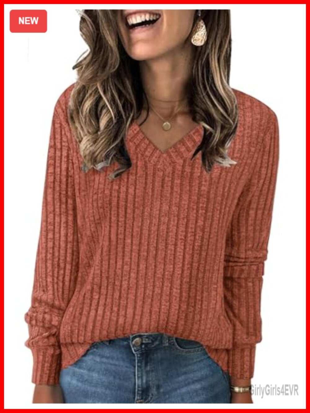 Women V-Neck Long Sleeve Tunic Sweater Loose Fit Knit Top